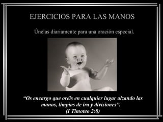 EJERCICIOS PARA LAS MANOS Únelas diariamente para una oración especial. “ Os encargo que oréis en cualquier lugar alzando las manos, limpias de ira y divisiones”.  (I Timoteo 2:8) 