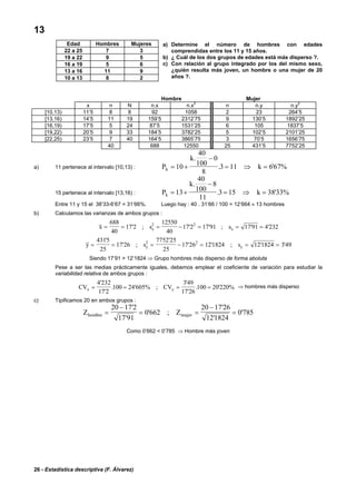 26 - Estadística descriptiva (F. Álvarez)
13
a) Determine el número de hombres con edades
comprendidas entre los 11 y 15 años.
b) ¿ Cuál de los dos grupos de edades está más disperso ?.
c) Con relación al grupo integrado por los del mismo sexo,
¿quién resulta más joven, un hombre o una mujer de 20
años ?.
Hombre Mujer
x n N n.x n.x
2
n n.y n.y
2
[10,13) 11’5 8 8 92 1058 2 23 264’5
[13,16) 14’5 11 19 159’5 2312’75 9 130’5 1892’25
[16,19) 17’5 5 24 87’5 1531’25 6 105 1837’5
[19,22) 20’5 9 33 184’5 3782’25 5 102’5 2101’25
[22,25) 23’5 7 40 164’5 3865’75 3 70’5 1656’75
40 688 12550 25 431’5 7752’25
a) 11 pertenece al intervalo [10,13) : P
k
kk = +
−
= ⇒ =10
40
100
0
8
3 11 667%
.
. '
15 pertenece al intervalo [13,16) : P
k
kk = +
−
= ⇒ =13
40
100
8
11
3 15 3833%
.
. '
Entre 11 y 15 el 38’33-6’67 = 31’66%. Luego hay : 40 . 31’66 / 100 = 12’664 ≈ 13 hombres
b) Calculamos las varianzas de ambos grupos :
x s sx x= = = − = = =
688
40
17 2
12550
40
17 2 17 91 17 91 4 2322 2
' ; ' ' ; ' '
y s sy y= = = − = = =
4315
25
17 26
7752 25
25
17 26 121824 121824 3492 2'
' ;
'
' ' ; ' '
Siendo 17’91 > 12’1824 ⇒ Grupo hombres más disperso de forma aboluta
Pese a ser las medias prácticamente iguales, debemos emplear el coeficiente de variación para estudiar la
variabilidad relativa de ambos grupos :
CV CVx y= = = =
4 232
17 2
100 24 605%
349
17 26
100 20220%
'
'
. ' ;
'
'
. ' ⇒ hombres más disperso
c) Tipificamos 20 en ambos grupos :
Z Zbre mujerhom
'
'
' ;
'
'
'=
−
= =
−
=
20 17 2
17 91
0662
20 17 26
121824
0785
Como 0’662 < 0’785 ⇒ Hombre más joven
Edad Hombres Mujeres
22 a 25 7 3
19 a 22 9 5
16 a 19 5 6
13 a 16 11 9
10 a 13 8 2
 