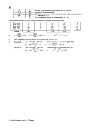 30 - Estadística descriptiva (F. Álvarez)
17
Dada la siguiente distribución de frecuencias., calcular :
a) Media y desviación típica.
b) Número de observaciones comprendidas entre las puntuaciones
directas 3’5 y 9’5.
c) Puntuaciones típicas de los percentiles 20 y 80.
Ordenamos los intervalos de menor a mayor, expresándolos mediante sus extremos reales.
Intervalos n x n.x n.x
2
N
[ 0’5 , 3’5 ) 30 2 60 120 30
[ 3’5 , 6’5 ) 60 5 300 1500 90
[ 6’5 , 9,5 ) 100 8 800 6400 190
[ 9’5 , 12’5 ] 10 11 110 1210 200
Totales 200 1270 9230
a) x s s= = = − = = =
1270
200
6 35
9230
200
6 35 58275 58275 2 4142 2
' ' ' ' '
b) De la observación directa de la tabla se concluye que es 160 (60+100).
c) Percentil 20 : Lugar = 20 x 200 / 100 = 40 (Observando N) se encuentra en [ 3’5 , 6’5 )
P z20 35
40 30
60
3 4
4 6 35
2 414
0 9735= +
−
= → =
−
= −' .
'
'
'
Percentil 80 : Lugar = 80 x 200 / 100 = 160 (Observando N) se encuentra en [ 6’5 , 9,5 )
P z80 65
160 90
100
3 8 6
8 6 6 35
2 414
0 9321= +
−
= → =
−
=' . '
' '
'
'
X n
10-12 10
7-9 100
4-6 60
1-3 30
 