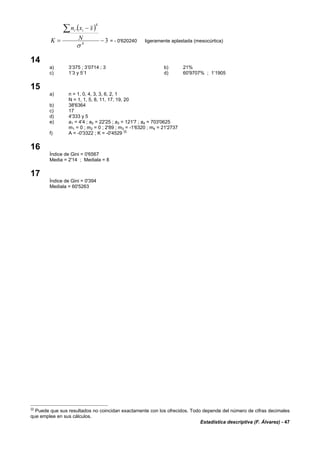 Estadística descriptiva (F. Álvarez) - 47
( )
3
.
4
4
−
−
=
∑
σ
N
xxn
K
ii
= - 0'620240 ligeramente aplastada (mesocúrtica)
14
a) 3’375 ; 3’0714 ; 3 b) 21%
c) 1’3 y 5’1 d) 60'9707% ; 1’1905
15
a) n = 1, 0, 4, 3, 3, 6, 2, 1
N = 1, 1, 5, 8, 11, 17, 19, 20
b) 38'6364
c) 17
d) 4'333 y 5
e) a1 = 4'4 ; a2 = 22'25 ; a3 = 121'7 ; a4 = 703'0625
m1 = 0 ; m2 = 0 ; 2'89 ; m3 = -1'6320 ; m4 = 21'2737
f) A = -0'3322 ; K = -0'4529 ⊗
16
Índice de Gini = 0'6567
Media = 2'14 ; Mediala = 8
17
Índice de Gini = 0'394
Mediala = 60'5263
⊗ Puede que sus resultados no coincidan exactamente con los ofrecidos. Todo depende del número de cifras decimales
que emplee en sus cálculos.
 