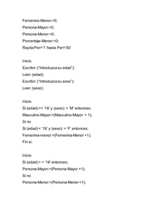 Femenino-Menor:=0;
Persona-Mayor:=0;
Persona-Menor:=0;
Porcentaje-Menor:=0;
Repita Per=’1’ hasta Per=’50’
Inicio
Escribir: (“Introduzcasu edad”);
Leer: (edad);
Escribir: (“Introduzcasu sexo”);
Leer: (sexo);
Inicio
Si (edad) >= ‘18’ y (sexo): = ‘M’ entonces;
Masculino-Mayor:=(Masculino-Mayor + 1);
Si no
Si (edad) < ‘18’ y (sexo): = ‘F’ entonces;
Femenina-menor:=(Femenina-Menor +1);
Fin si.
Inicio
Si (edad) > = ‘18’ entonces;
Persona-Mayor:=(Persona-Mayor +1);
Si no
Persona-Menor:=(Persona-Menor+1);
 