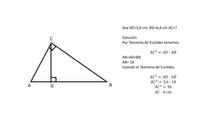 Sea AD=3,6 cm; BD=6,4 cm AC=?
Solución:
Por Teorema de Euclides tenemos
𝐴𝐶2
= 𝐴𝐷 ∙ 𝐴𝐵
AB=AD+BD
AB= 10
Usando el Teorema de Euclides.
𝐴𝐶2
= 𝐴𝐷 ∙ 𝐴𝐵
𝐴𝐶2 = 3,6 ∙ 10
𝐴𝐶2 = 36
𝐴𝐶 6 𝑐𝑚
 