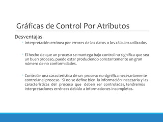 Gráficas de Control Por Atributos
Desventajas
◦ Interpretación errónea por errores de los datos o los cálculos utilizados
◦ El hecho de que un proceso se mantega bajo control no significa que sea
un buen proceso, puede estar produciendo constantemente un gran
número de no conformidades.
◦ Controlar una característica de un proceso no significa necesariamente
controlar el proceso. Si no se define bien la información necesaria y las
características del proceso que deben ser controladas, tendremos
interpretaciones erróneas debido a informaciones incompletas.
 