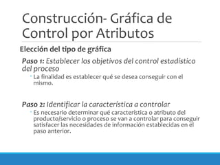 Construcción- Gráfica de
Control por Atributos
Elección del tipo de gráfica
Paso 1: Establecer los objetivos del control estadístico
del proceso
◦La finalidad es establecer qué se desea conseguir con el
mismo.
Paso 2: Identificar la característica a controlar
◦Es necesario determinar qué característica o atributo del
producto/servicio o proceso se van a controlar para conseguir
satisfacer las necesidades de información establecidas en el
paso anterior.
 