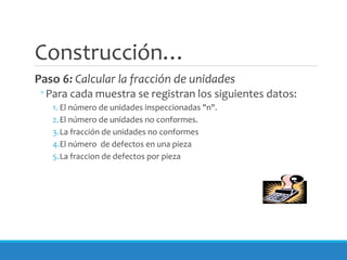 Construcción…
Paso 6: Calcular la fracción de unidades
◦Para cada muestra se registran los siguientes datos:
1. El número de unidades inspeccionadas "n".
2.El número de unidades no conformes.
3.La fracción de unidades no conformes
4.El número de defectos en una pieza
5.La fraccion de defectos por pieza
 