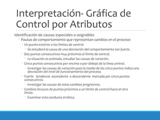 Interpretación- Gráfica de
Control por Atributos
Identificación de causas especiales o asignables
◦ Pautas de comportamiento que representan cambios en el proceso:
◦ Un punto exterior a los límites de control.
◦ Se estudiará la causa de una desviación del comportamiento tan fuerte.
◦ Dos puntos consecutivos muy próximos al límite de control.
◦ La situación es anómala, estudiar las causas de variación.
◦ Cinco puntos consecutivos por encima o por debajo de la línea central.
◦ Investigar las causas de variación pues la media de los cinco puntos indica una
desviación del nivel de funcionamiento del proceso.
◦ Fuerte tendencia ascendente o descendente marcada por cinco puntos
consecutivos.
◦ Investigar las causas de estos cambios progresivos.
◦ Cambios bruscos de puntos próximos a un límite de control hacia el otro
límite.
◦ Examinar esta conducta errática.
 