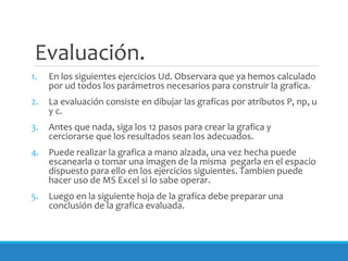 Evaluación.
1. En los siguientes ejercicios Ud. Observara que ya hemos calculado
por ud todos los parámetros necesarios para construir la grafica.
2. La evaluación consiste en dibujar las graficas por atributos P, np, u
y c.
3. Antes que nada, siga los 12 pasos para crear la grafica y
cerciorarse que los resultados sean los adecuados.
4. Puede realizar la grafica a mano alzada, una vez hecha puede
escanearla o tomar una imagen de la misma pegarla en el espacio
dispuesto para ello en los ejercicios siguientes. Tambien puede
hacer uso de MS Excel si lo sabe operar.
5. Luego en la siguiente hoja de la grafica debe preparar una
conclusión de la grafica evaluada.
 