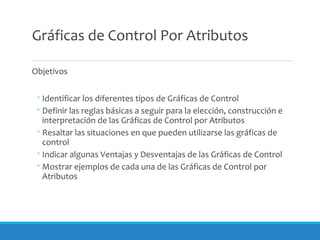 Gráficas de Control Por Atributos
Objetivos
◦Identificar los diferentes tipos de Gráficas de Control
◦Definir las reglas básicas a seguir para la elección, construcción e
interpretación de las Gráficas de Control por Atributos
◦Resaltar las situaciones en que pueden utilizarse las gráficas de
control
◦Indicar algunas Ventajas y Desventajas de las Gráficas de Control
◦Mostrar ejemplos de cada una de las Gráficas de Control por
Atributos
 
