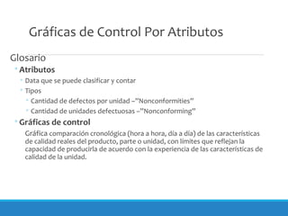 Gráficas de Control Por Atributos
Glosario
◦Atributos
◦ Data que se puede clasificar y contar
◦ Tipos
◦ Cantidad de defectos por unidad –”Nonconformities”
◦ Cantidad de unidades defectuosas –”Nonconforming”
◦Gráficas de control
Gráfica comparación cronológica (hora a hora, día a día) de las características
de calidad reales del producto, parte o unidad, con límites que reflejan la
capacidad de producirla de acuerdo con la experiencia de las características de
calidad de la unidad.
 