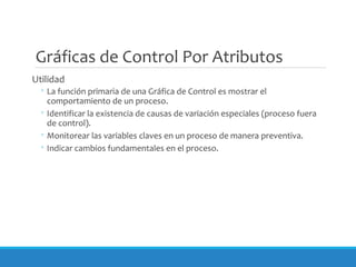Gráficas de Control Por Atributos
Utilidad
◦ La función primaria de una Gráfica de Control es mostrar el
comportamiento de un proceso.
◦ Identificar la existencia de causas de variación especiales (proceso fuera
de control).
◦ Monitorear las variables claves en un proceso de manera preventiva.
◦ Indicar cambios fundamentales en el proceso.
 