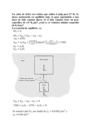 Un cubo de latón con aristas que miden 6 pulg pesa 67 lb. Se
desea mantenerlo en equilibrio bajo el agua sujetándolo a una
boya de hule espuma ligero. Si el hule espuma tiene un peso
específico de 4.5 lb_pie3 ¿cuál es el volumen mínimo requerido
de la boya?
La ecuación de equilibrio es:
Σ𝐹𝑣 = 0
Σ𝐹𝑣 = 𝐹𝑏𝐵 + 𝐹𝑏𝐹 − 𝑤𝐵 − 𝑤𝐹
𝑤𝐵 = 67𝑙𝑏
𝐹𝑏𝐵 = γ𝑓𝑉𝑑𝐵 = (
62.4𝑙𝑏
𝑝𝑖𝑒3
) (6𝑝𝑢𝑙)3 (
𝑝𝑖𝑒3
1728𝑝𝑢𝑙𝑔3
) = 7.8𝑙𝑏
𝑤𝐹 = γ𝐹𝑉𝐹
𝐹𝑏𝐹 = γ𝑓𝑉𝐹
𝐹𝑏𝐵 + 𝐹𝑏𝐹 − 𝑤𝐵 − 𝑤𝐹 = 0
7.8𝑙𝑏 + γ𝑓𝑉𝐹 − 67𝑙𝑏 − γ𝐹𝑉𝐹 = 0
Se resuelve para 𝑉𝐹 , por medio de γ𝑓 = 62.4𝑙𝑏/ 𝑝𝑖𝑒3
y
γ𝐹 =4.5lb/ 𝑝𝑖𝑒3
:
 