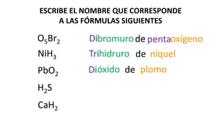 ESCRIBE EL NOMBRE QUE CORRESPONDE
A LAS FÓRMULAS SIGUIENTES
Dibromurode oxígeno
NiH3 hidruro de níquel
PbO2 Dióxido de plomo
H2S
O5Br2 penta
Tri
CaH2
 