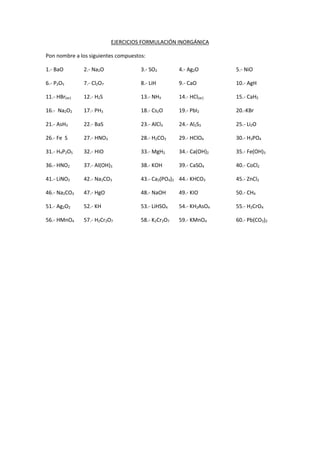 EJERCICIOS FORMULACIÓN INORGÁNICA 
Pon nombre a los siguientes compuestos: 
1.- BaO 2.- Na2O 3.- SO2 4.- Ag2O 5.- NiO 
6.-...