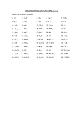 EJERCICIOS FORMULACIÓN INORGÁNICA (Solución) 
Formula las siguientes sustancias: 
1.- BaO 2.- Na2O 3.- SO2 4.- Ag2O 5.- Al...