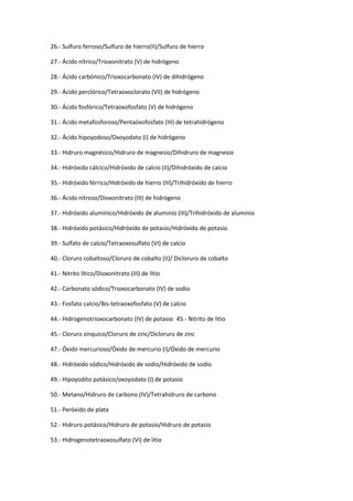 26.- Sulfuro ferroso/Sulfuro de hierro(II)/Sulfuro de hierro 
27.- Ácido nítrico/Trioxonitrato (V) de hidrógeno 
28.- Ácid...