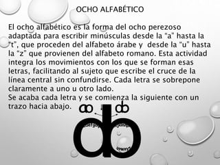 OCHO ALFABÉTICO
El ocho alfabético es la forma del ocho perezoso
adaptada para escribir minúsculas desde la “a” hasta la
“t”, que proceden del alfabeto árabe y desde la “u” hasta
la “z” que provienen del alfabeto romano. Esta actividad
integra los movimientos con los que se forman esas
letras, facilitando al sujeto que escribe el cruce de la
línea central sin confundirse. Cada letra se sobrepone
claramente a uno u otro lado.
Se acaba cada letra y se comienza la siguiente con un
trazo hacia abajo.
 