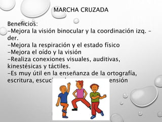 MARCHA CRUZADA
Beneficios:
-Mejora la visión binocular y la coordinación izq. –
der.
-Mejora la respiración y el estado físico
-Mejora el oído y la visión
-Realiza conexiones visuales, auditivas,
kinestésicas y táctiles.
-Es muy útil en la enseñanza de la ortografía,
escritura, escuchar, lectura y comprensión
 