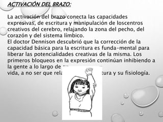 ACTIVACIÓN DEL BRAZO:
La activación del brazo conecta las capacidades
expresivas, de escritura y manipulación de loscentros
creativos del cerebro, relajando la zona del pecho, del
corazón y del sistema límbico.
El doctor Dennison descubrió que la corrección de la
capacidad básica para la escritura es funda-mental para
liberar las potencialidades creativas de la misma. Los
primeros bloqueos en la expresión continúan inhibiendo a
la gente a lo largo de su
vida, a no ser que relajen su musculatura y su fisiología.
 