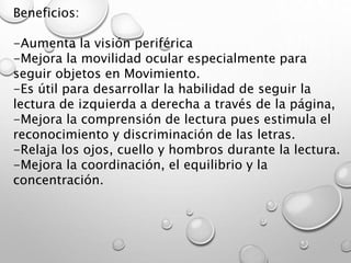 Beneficios:
-Aumenta la visión periférica
-Mejora la movilidad ocular especialmente para
seguir objetos en Movimiento.
-Es útil para desarrollar la habilidad de seguir la
lectura de izquierda a derecha a través de la página,
-Mejora la comprensión de lectura pues estimula el
reconocimiento y discriminación de las letras.
-Relaja los ojos, cuello y hombros durante la lectura.
-Mejora la coordinación, el equilibrio y la
concentración.
 
