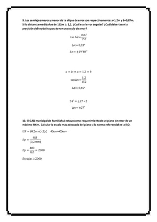 9. Los semiejesmayory menor de la elipse de errorson respectivamente:a=1,2m y b=0,87m.
Si la distancia medidafue de 152m ± 1,2. ¿Cuál es el error angular? ¿Cuál deberíaser la
precisióndel teodolitopara tener un círculo de error?
tan ∆∝=
0,87
152
∆∝= 0,33°
∆∝= ±19′48′′
𝑎 = 𝑏 ⇒ 𝑎 = 1,2 = 𝑏
tan∆∝=
1,2
152
∆∝= 0,45°
54′ = ±27 ∗ 2
∆∝= ±27′
10. El GAD municipal de Rumiñahui estuvocomo requerimientode unplano de error de un
máximo 40cm. Calcular la escala más adecuada del planosi la norma referencial esla ISO.
𝑈𝑅 = (0,2𝑚𝑚)( 𝐸𝑝) 40cm=400mm
𝐸𝑝 =
𝑈𝑅
(0,2𝑚𝑚)
𝐸𝑝 =
400
0,2
= 2000
𝐸𝑠𝑐𝑎𝑙𝑎:1: 2000
 