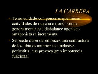 LA CARRERA Tener cuidado con personas que inician actividades de marcha o trote, porque generalmente este disbalance agonista-antagonista se incrementa. Se puede observar entonces una contractura de los tibiales anteriores e inclusive periostitis, que provoca gran impotencia funcional. 