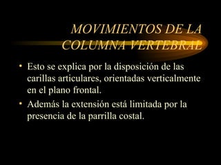 MOVIMIENTOS DE LA COLUMNA VERTEBRAL Esto se explica por la disposición de las carillas articulares, orientadas verticalmente en el plano frontal. Además la extensión está limitada por la presencia de la parrilla costal. 