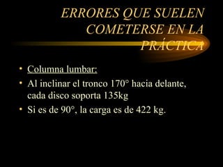 ERRORES QUE SUELEN COMETERSE EN LA PRÁCTICA Columna lumbar: Al inclinar el tronco 170° hacia delante, cada disco soporta 135kg Si es de 90°, la carga es de 422 kg. 