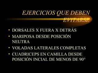 EJERCICIOS QUE DEBEN EVITARSE DORSALES X FUERA X DETRÁS MARIPOSA DESDE POSICIÓN NEUTRA VOLADAS LATERALES COMPLETAS CUADRICEPS EN CAMILLA DESDE POSICIÓN INCIAL DE MENOS DE 90° 