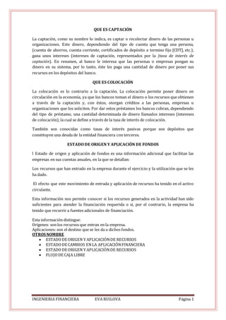 INGENIERIA FINANCIERA EVA RUILOVA Página 1
QUE ES CAPTACIÓN
La captación, como su nombre lo indica, es captar o recolectar dinero de las personas u
organizaciones. Este dinero, dependiendo del tipo de cuenta que tenga una persona,
(cuenta de ahorros, cuenta corriente, certificados de depósito a termino fijo [CDT], etc.),
gana unos intereses (intereses de captación, representados por la |tasa de interés de
captación). En resumen, al banco le interesa que las personas o empresas pongan su
dinero en su sistema, por lo tanto, éste les paga una cantidad de dinero por poner sus
recursos en los depósitos del banco.
QUE ES COLOCACIÓN
La colocación es lo contrario a la captación. La colocación permite poner dinero en
circulación en la economía, ya que los bancos toman el dinero o los recursos que obtienen
a través de la captación y, con éstos, otorgan créditos a las personas, empresas u
organizaciones que los soliciten. Por dar estos préstamos los bancos cobran, dependiendo
del tipo de préstamo, una cantidad determinada de dinero llamados intereses (intereses
de colocación), la cual se define a través de la tasa de interés de colocación.
También son conocidas como tasas de interés pasivas porque son depósitos que
constituyen una deuda de la entidad financiera con terceros.
ESTADO DE ORIGEN Y APLICACIÓN DE FONDOS
l Estado de origen y aplicación de fondos es una información adicional que facilitan las
empresas en sus cuentas anuales, en la que se detallan:
Los recursos que han entrado en la empresa durante el ejercicio y la utilización que se les
ha dado.
El efecto que este movimiento de entrada y aplicación de recursos ha tenido en el activo
circulante.
Esta información nos permite conocer si los recursos generados en la actividad han sido
suficientes para atender la financiación requerida o si, por el contrario, la empresa ha
tenido que recurrir a fuentes adicionales de financiación.
Esta información distingue:
Orígenes: son los recursos que entran en la empresa.
Aplicaciones: son el destino que se les da a dichos fondos.
OTROS NOMBRE
ESTADODE ORIGEN Y APLICACIÓNDE RECURSOS
ESTADODE CAMBIOS ENLA APLICACIÓNFINANCIERA
ESTADODE ORIGEN Y APLICACIÓNDE RECURSOS
FLUJODE CAJA LIBRE
 