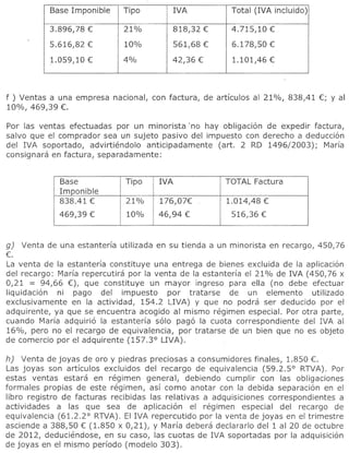Base Imponible       Tipo                IVA               Total (IVA incluido)

            3.896,78 €            21%                818,32 €          4.715,10 €

            5.616,82 €            10%                561,68 €          6.178,50 €
            1.059,10€             4%                 42,36 €           1.101,46 €




f ) Ventas a una empresa       nacional,     con factura,      de artfculos   al 21%, 838,41 €; Y al
10%, 469,39 €.

Por las ventas efectuadas por un minorista 'no hay obligacion de expedir factura,
salvo que el comprador sea un sujeto pasivo del impuesto con derecho a deduccion
del IVA soportado,    advirtiendolo anticipadamente (art. 2 RD 1496/2003);  Marfa
consignara en factura, separadamente:


              Base                Tipo         IVA                   TOTAL Factura
              Imponible
              838.41 €            21%          176,07€               1.014,48 €
              469,39 €             10%        46,94 €                  516,36 €



g)   Venta de una estanterfa     utilizada    en su tienda a un minorista         en recargo,   450,76
€.
La venta de la estanteria constituye una entrega de bienes excluida de la aplicacion
del recargo: Maria repercutira por la venta de la estanterfa el 21% de IVA (450,76 x
0,21 = 94,66 €), que constituye      un mayor ingreso para ell a (no debe efectuar
liquidacion   ni pago del impuesto        par tratarse    de un elemento     utilizado
exclusivamente   en la actividad,  154.2 LIVA) Y que no podra ser deducic;Jo por el
adquirente, ya que se encuentra acogido al mismo regimen especial. Por otra parte,
cuando Marfa adquirio la estanterfa solo pago la cuota correspondiente     del IVA al
16%, pero no el recargo de equivalencia,     por tratarse de un bien que no es objeto
de comercio por el adquirente (157.3° LIVA).

h) Venta de joyas de oro y piedras preciasas a consumidores finales, 1.850 €.
Las joyas son articulos excluidos del recargo de equivalencia (59.2.5° RTVA). Por
estas ventas estara en regimen genera I, debiendo cumplir con las obligaciones
formales propias de este regimen, aSI como anotar con la debida separaci6n en el
libro registro de facturas recibidas las relativas a adquisiciones correspondientes   a
actividades   a las que sea de aplicacion        el regimen   especial del recargo de
equivalencia (61.2.2° RTVA). EI IVA repercutido por la venta de joyas en el trimestre
asciende a 388,50 € (1.850 x 0,21), y Marfa debera declararlo dell al 20 de octubre
de 2012, deduciendose, en su caso, las cuotas de IVA soportadas por la adquisici6n
de joyas en el mismo perfodo (modelo 303).
 