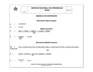SERVICIO NACIONAL DE APRENDIZAJE
                                                 “SENA”                                    Página: 12
                    ANTIOQUIA




                                            MEDIDAS DE DISPERSIÓN

                                             Desviación típica Aragón
Sx    =

Sx    =       1216.08
                                        Media Canarias
      =       74,0 + 719,8 + 1408,4 + 1318,2 + 678,4
                               100

      =       4198,8            41,98
               100

                                            Desviación Media Canarias

Dx    =       │74.0 – 41,98│*4.35+│719.8 - 41,98│*29,99+│1408,4 – 41,98│*35,21+│1318,2 – 41,98│*21,97+│678,4 –
41,98│*8.48
                                                             100

Dx    =       139.28 + 20327,82 + 48111.64 + 28038,55 + 5396,84
                                 100


Dx    =                  ꞊ 1020,14


                                    COMPLEJO TECNOLÓGICO PARA LA GESTIÓN AGROEMPRESARIAL
                                                     REGIONAL ANTIOQUIA
 