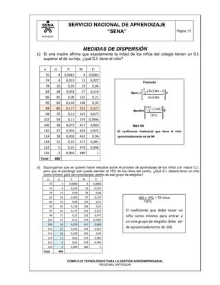 SERVICIO NACIONAL DE APRENDIZAJE
                                                   “SENA”                                                                     Página: 15
     ANTIOQUIA




                                                           MEDIDAS DE DISPERSIÓN
c) Si una madre afirma que exactamente la mitad de los niños del colegio tienen un C.I.
   superior al de su hijo, ¿qué C.I. tiene el niño?

      xi             ni              fi               Ni            Fi
        70                4         0,0083                 4 0,0083
        74                9          0,019             13           0,027                               Formula
        78            16              0,03             29            0,06
        82            28             0,058             57           0,119                      Me=Li+                    a
        86            45              0,09            102            0,21
        90            66             0,138            168            0,35
        94            85             0,177            253           0,527
                                                                                                 Me=94+              0
        98            72              0,15            325           0,677
      102             54              0,11            379 0,7896
      106             38             0,079            417           0,869                       Me= 94
      110             27             0,056            444           0,925             El coeficiente intelectual que tiene el niño
      114             18             0,038            462            0,96             aproximadamente es de 94
      118             11              0,02            473           0,985
      122                 5           0,01            478           0,996
      126                 2          0,004            480                     1
     Total           480

d)    Supongamos que se quieren hacer estudios sobre el proceso de aprendizaje de los niños con mayor C.I.,
      pero que el psicólogo solo puede atender al 15% de los niños del centro. ¿Qué C.I. deberá tener un niño
      como mínimo para ser considerado dentro de ese grupo de elegidos?
           xi             ni              fi               Ni            Fi
                70              4     0,0083                    4    0,0083
                74              9         0,019             13           0,027
                78             16              0,03         29            0,06
                82             28         0,058             57           0,119                      480 x 15% = 72 niños
                86             45              0,09        102            0,21                         100%
                90             66         0,138            168            0,35
                94             85         0,177            253           0,527             El coeficiente que debe tener un
                98             72              0,15        325           0,677             niño como mínimo para entrar a
           102                 54              0,11        379       0,7896
                                                                                           en este grupo de elegidos debe ser
           106                 38         0,079            417           0,869
           110                 27         0,056            444           0,925
                                                                                           de aproximadamente de 106
           114                 18         0,038            462            0,96
           118                 11              0,02        473           0,985
           122                  5              0,01        478           0,996
           126                  2         0,004            480                    1
       Total              480


                                     COMPLEJO TECNOLÓGICO PARA LA GESTIÓN AGROEMPRESARIAL
                                                      REGIONAL ANTIOQUIA
 