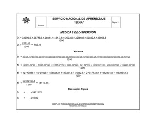SERVICIO NACIONAL DE APRENDIZAJE
                                                          “SENA”                                                          Página: 3
                           ANTIOQUIA




                                                        MEDIDAS DE DISPERSIÓN
Dx = 33906.6 + 38743.6 + 26511 + 18417.6 + 3023.8 + 22186.8 + 53582.4 + 36808.8
                                     1290
Dx =              = 182,29

                                                                         Varianza

Ϭ2 = (50-426.74)2*90+(150-426.74)2*140+(250-426.74)2*150+(350-426.74)2*240+(450-426.74)2*130+(550-426.74)2*180+(650-426.74)2*240+(750-426.74)2*120
                                                               1290

Ϭ2 = 141933.02*90 + 76585.02*140 + 31237.02*150 + 5889.02*240 + 541.02*130 + 15193.02*180 + 49845.02*240 + 104497.02*120
                                                               1290

Ϭ2 = 12773988 + 10721928 + 4685553 + 1413364.8 + 70332.6 + 2734743.6 + 11962804.8 + 12539642.4
                                                 1290

Ϭ2 =                    = 44110.35

                                                                  Desviación Típica
Sx      =

Sx      =        210.02

                                             COMPLEJO TECNOLÓGICO PARA LA GESTIÓN AGROEMPRESARIAL
                                                              REGIONAL ANTIOQUIA
 