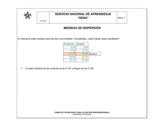 SERVICIO NACIONAL DE APRENDIZAJE
                                                “SENA”                                       Página: 9
                    ANTIOQUIA




                                           MEDIDAS DE DISPERSIÓN


b) Calcula la edad mediana para las dos comunidades. Compáralas. ¿Qué indican estos resultados?

                                           Canarias Aragón
                                                4,35     3,54
                                                8,48    15,12
                                               21,97    21,56 Mediana
                                               29,99    28,14
                                               35,21    31,63


      La edad mediana de las canarias es de 21,97 y Aragón es de 21,56.




                                  COMPLEJO TECNOLÓGICO PARA LA GESTIÓN AGROEMPRESARIAL
                                                   REGIONAL ANTIOQUIA
 