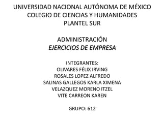 UNIVERSIDAD NACIONAL AUTÓNOMA DE MÉXICO COLEGIO DE CIENCIAS Y HUMANIDADES PLANTEL SUR ADMINISTRACIÓN EJERCICIOS DE EMPRESA INTEGRANTES: OLIVARES FÉLIX IRVING ROSALES LOPEZ ALFREDO SALINAS GALLEGOS KARLA XIMENA VELAZQUEZ MORENO ITZEL VITE CARREON KAREN GRUPO: 612 