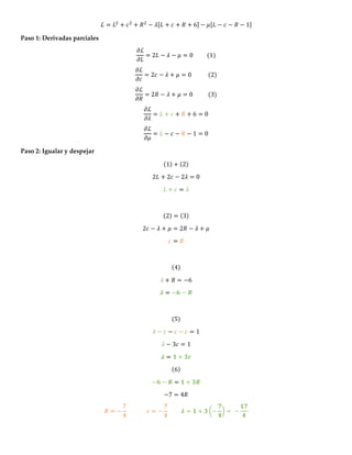 ℒ = 𝐿2
+ 𝑐2
+ 𝑅2
− 𝜆[𝐿 + 𝑐 + 𝑅 + 6] − 𝜇[𝐿 − 𝑐 − 𝑅 − 1]
Paso 1: Derivadas parciales
𝜕ℒ
𝜕𝐿
= 2𝐿 − 𝜆 − 𝜇 = 0 (1)
𝜕ℒ
𝜕𝑐
= 2𝑐 − 𝜆 + 𝜇 = 0 (2)
𝜕ℒ
𝜕𝑅
= 2𝑅 − 𝜆 + 𝜇 = 0 (3)
𝜕ℒ
𝜕𝜆
= 𝐿 + 𝑐 + 𝑅 + 6 = 0
𝜕ℒ
𝜕𝜇
= 𝐿 − 𝑐 − 𝑅 − 1 = 0
Paso 2: Igualar y despejar
(1) + (2)
2𝐿 + 2𝑐 − 2𝜆 = 0
𝐿 + 𝑐 = 𝜆
(2) = (3)
2𝑐 − 𝜆 + 𝜇 = 2𝑅 − 𝜆 + 𝜇
𝑐 = 𝑅
(4)
𝜆 + 𝑅 = −6
𝝀 = −𝟔 − 𝑹
(5)
𝜆 − 𝑐 − 𝑐 − 𝑐 = 1
𝜆 − 3𝑐 = 1
𝝀 = 𝟏 + 𝟑𝒄
(6)
−𝟔 − 𝑹 = 𝟏 + 𝟑𝑹
−7 = 4𝑅
𝑅 = −
7
4
𝑐 = −
7
4
𝝀 = 𝟏 + 𝟑 (−
𝟕
𝟒
) = −
𝟏𝟕
𝟒
 