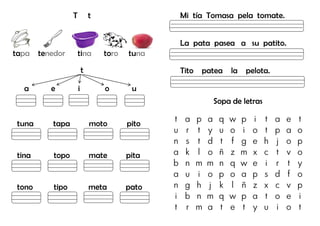 T t
tapa tenedor tina toro tuna
t
a e i o u
tuna tapa moto pito
tina topo mate pita
tono tipo meta pato
Mi tía Tomasa pela tomate.
La pata pasea a su patito.
Tito patea la pelota.
Sopa de letras
t a p a q w p i t a e t
u r t y u o i o t p a o
n s t d t f g e h j o p
a k l o ñ z m x c t v o
b n m m n q w e i r t y
a u i o p o a p s d f o
n g h j k l ñ z x c v p
i b n m q w p a t o e i
t r m a t e t y u i o t
 