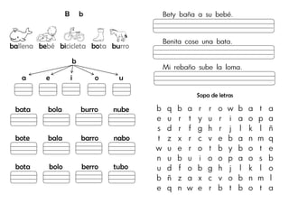 B b
ballena bebé bicicleta bota burro
b
a e i o u
bata bola burro nube
bote bala barro nabo
bota bolo berro tubo
Bety baña a su bebé.
Benita cose una bata.
Mi rebaño sube la loma.
Sopa de letras
b q b a r r o w b a t a
e u r t y u r i a o p a
s d r f g h r j l k l ñ
t z x r c v e b a n m q
w u e r o t b y b o t e
n u b u i o o p a o s b
u d f o b g h j l k l o
b ñ z a x c v o b n m l
e q n w e r b t b o t a
 