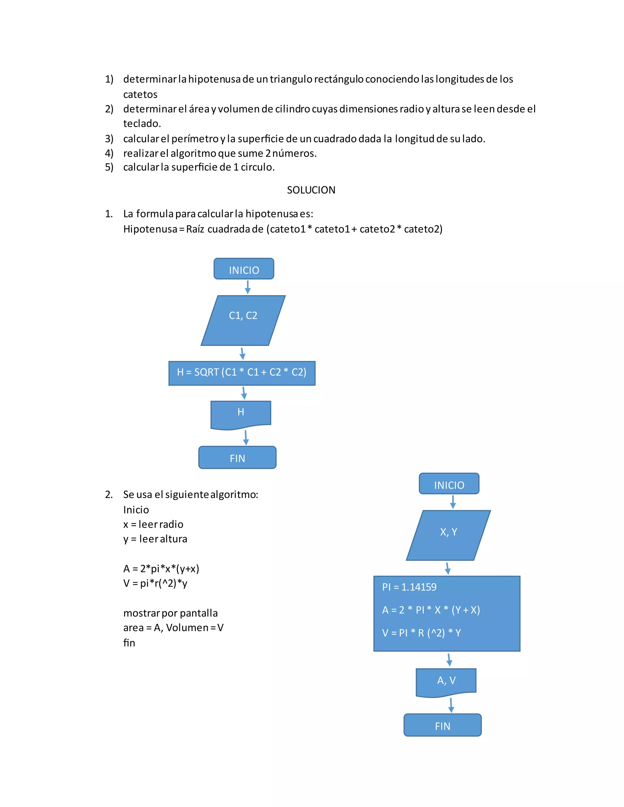 1) determinarlahipotenusade untriangulorectánguloconociendolaslongitudesde los
catetos
2) determinarel áreayvolumende cilindrocuyasdimensionesradioyalturase leendesde el
teclado.
3) calcularel perímetroyla superficie de uncuadradodada la longitudde sulado.
4) realizarel algoritmoque sume 2números.
5) calcularla superficie de 1 circulo.
SOLUCION
1. La formulaparacalcularla hipotenusaes:
Hipotenusa=Raíz cuadradade (cateto1* cateto1+ cateto2* cateto2)
2. Se usa el siguientealgoritmo:
Inicio
x = leerradio
y = leeraltura
A = 2*pi*x*(y+x)
V = pi*r(^2)*y
mostrarpor pantalla
area = A, Volumen=V
fin
INICIO
C1, C2
H = SQRT (C1 * C1 + C2 * C2)
H
FIN
INICIO
X, Y
PI = 1.14159
A = 2 * PI* X * (Y + X)
V = PI * R (^2) * Y
A, V
FIN
