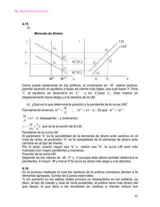 Ma. Beatriz García Castro
4.15
a)
Mercado de Dinero
MO
MO2
L
LM2
E1
E2
LMi
( )22 YM D
( )11 YM D
2
2E
2
1E
2
2E
2
1E
E2
E1
Y1 Y2 Y
i
i2
i1
Como puede observarse en los gráficos, el incremento en M ceteris paribus,
permite alcanzar el equilibrio a tasas de interés más bajas, sea cual fuese Y. Para
1Y el equilibrio se alcanzaría en , y en para2
1E 2
2E 2Y . Esto implica un
desplazamiento hacia abajo y a la derecha de la LM.
b) ¿Qué es lo que determina la posición y la pendiente de la curva LM?
Formalmente tenemos hikYM
P
M
M DO
−== ; . Ya que :OD
MM =
hikY
P
M
−= despejando y ordenando:i
Y
h
k
Ph
M
i +−= que es la ecuación de la LM.
Pendiente de la curva LM:
El parámetro “k” es la sensibilidad de la demanda de dinero ante cambios en el
nivel de renta; el parámetro “h” es la sensibilidad de la demanda de dinero ante
cambios en el tipo de interés.
Por lo tanto, cuanto mayor sea “k” y menor sea “h”, la curva LM será más
inclinada (con mayor pendiente) y viceversa.
Posición de la curva LM:
Depende de los valores de M, P y h (aunque ésta última también determina la
pendiente). A mayor M y menor P la curva se ubica más abajo y a la derecha.
4.16
Es el proceso mediante el cual los cambios de la política monetaria afectan a la
demanda agregada. Consta de 2 pasos esenciales:
1) Un aumento en los saldos reales provoca un desequilibrio en las carteras, es
decir, al tipo de interés y nivel de renta existentes, el público tiene mas dinero del
que desea, lo que lleva a los tenedores de carteras a intentar reducir sus
42
 