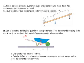 11. Con la palanca dibujada queremos subir una piedra de una masa de 15 Kg: a. ¿De qué tipo de palanca se trata? b. ¿Qué fuerza hay que ejercer para poder levantar la piedra?. 12.  Con la carretilla de la figura queremos transportar dos sacos de cemento de 50Kg cada uno. A partir de los datos dados en la figura responder a los apartados: a. ¿De qué tipo de palanca se trata? b. Calcular la fuerza que hay tenemos que ejercer para poder transportar los sacos de cemento en la carretilla. 