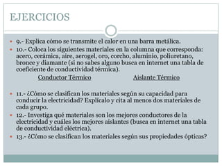 EJERCICIOS9.- Explica cómo se transmite el calor en una barra metálica.10.- Coloca los siguientes materiales en la columna que corresponda: acero, cerámica, aire, aerogel, oro, corcho, aluminio, poliuretano, bronce y diamante (si no sabes alguno busca en internet una tabla de coeficiente de conductividad térmica).Conductor TérmicoAislante Térmico 11.- ¿Cómo se clasifican los materiales según su capacidad para conducir la electricidad? Explícalo y cita al menos dos materiales de cada grupo.12.- Investiga qué materiales son los mejores conductores de la electricidad y cuáles los mejores aislantes (busca en internet una tabla de conductividad eléctrica).13.- ¿Cómo se clasifican los materiales según sus propiedades ópticas?
