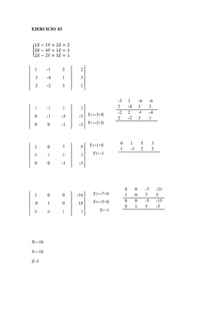 EJERCICIO 03
X=-16
Y=-18
Z=3
1 -1 2 2
3 -4 1 3
2 -2 3 1
1 -1 2 2
0 -1 -5 -3 F1×-3+f2
0 0 -1 -3 F1×-2+f3
1 0 7 5 F2×1+f1
0 1 5 3 F2÷-1
0 0 -1 -3
1 0 0 -16 F3×-7+f1
0 1 0 18 F3×-5+f2
0 0 1 3 f3÷-1
{
1𝑋 − 1𝑌 + 2𝑍 = 2
3𝑋 − 4𝑌 + 1𝑍 = 3
2𝑋 − 2𝑌 + 3𝑍 = 1
-3 3 -6 -6
3 -4 1 3
-2 2 -4 -4
2 -2 3 1
0 1 5 3
1 -1 2 2
0 0 -7 -21
1 0 7 5
0 0 -5 -15
0 1 5 -3
 