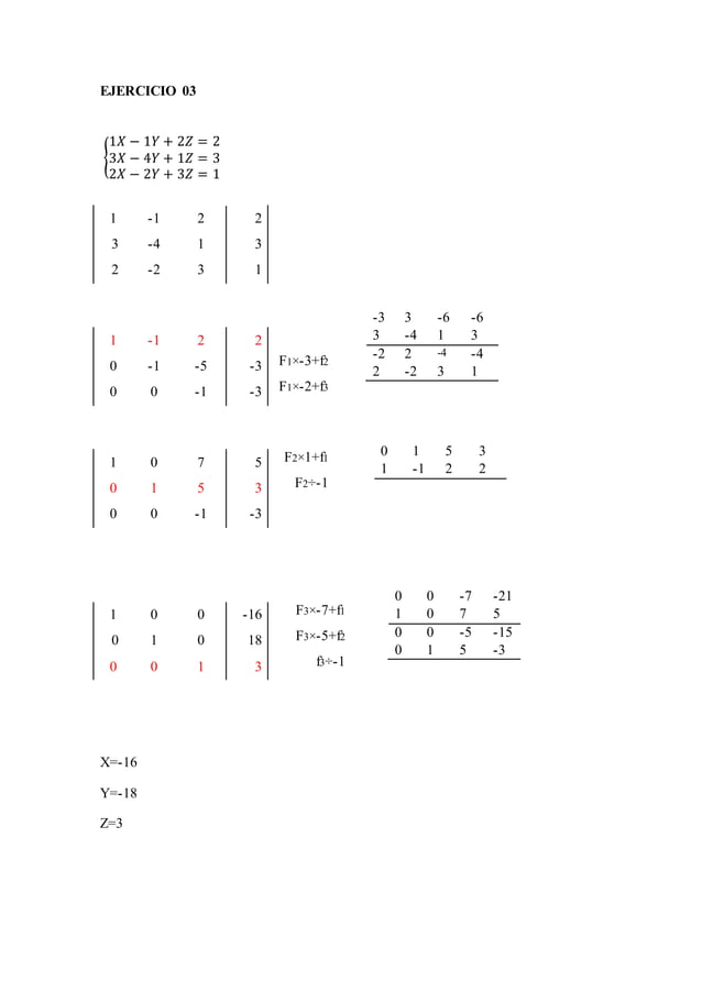 Ejercicios matriz aumentada de 3x3 PDF