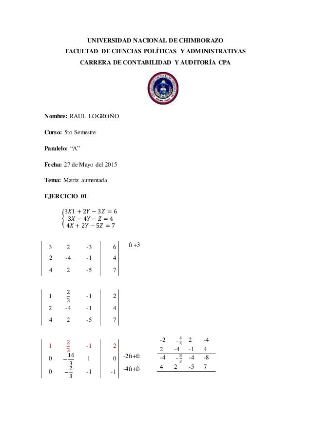 Ejercicios matriz aumentada de 3x3