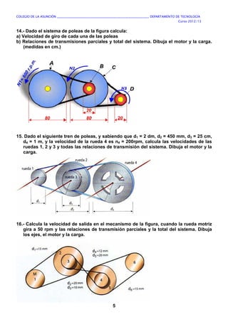 COLEGIO DE LA ASUNCIÓN ____________________________________________________________ DEPARTAMENTO DE TECNOLOGÍA
Curso 2012/13
5
14.- Dado el sistema de poleas de la figura calcula:
a) Velocidad de giro de cada una de las poleas
b) Relaciones de transmisiones parciales y total del sistema. Dibuja el motor y la carga.
(medidas en cm.)
15. Dado el siguiente tren de poleas, y sabiendo que d1 = 2 dm, d2 = 450 mm, d3 = 25 cm,
d4 = 1 m, y la velocidad de la rueda 4 es n4 = 200rpm, calcula las velocidades de las
ruedas 1, 2 y 3 y todas las relaciones de transmisión del sistema. Dibuja el motor y la
carga.
16.- Calcula la velocidad de salida en el mecanismo de la figura, cuando la rueda motriz
gira a 50 rpm y las relaciones de transmisión parciales y la total del sistema. Dibuja
los ejes, el motor y la carga.
 