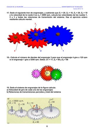 COLEGIO DE LA ASUNCIÓN ____________________________________________________________ DEPARTAMENTO DE TECNOLOGÍA
Curso 2012/13
6
17. Dado el siguiente tren de engranajes, y sabiendo que Z1 = 20, Z2 = 10, Z3 = 20, Z4 = 10
y la velocidad de la rueda 4 es n4 = 2000 rpm, calcula las velocidades de las ruedas 1,
2 y 3 y todas las relaciones de transmisión del sistema. Haz el ejercicio entero
mediante cálculo mental.
3
4 2 1
18.- Calcula el número de dientes del engranaje 3 para que el engranaje 4 gire a 125 rpm
si el engranaje 1 gira a 5250 rpm. Datos: Z1 = 11, Z2 = 66 y Z4 = 98
19. Dado el sistema de engranajes de la figura calcula:
a) Velocidad de giro de cada uno de los engranajes
b) Relaciones de transmisiones parciales y total del sistema
 