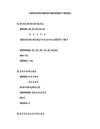 EJERCICIOS MEDIA-MEDIANA Y MODA



1) 61-51-31-41-21-61-61.

  MEDIA: 61-51-41-31-21

            3 1 1 1 1

  185+51+41+31+21/ 3+1+1+1+1=327/7 = 46.7



  MEDIANA: 21, 31, 41, 51, 61, 61,61.

  Me= 51

  MODA: = 61



2) 2-3-7-2-0-1-0-2.

  MEDIA: 2-3-7-0-1

           3-1-1-2-1

  6+3+7+0+1/8=2.12

  MEDIANA: 0-0-1-2-2-2-3.

  M=2

  MODA: 2



3) 2.7-2.1-1.1-3.7-2.1-2.5.
 
