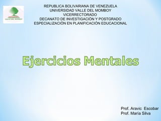 REPUBLICA BOLIVARIANA DE VENEZUELA
UNIVERSIDAD VALLE DEL MOMBOY
VICERRECTORADO
DECANATO DE INVESTIGACIÒN Y POSTGRADO
ESPECIALIZACIÒN EN PLANIFICACIÓN EDUCACIONAL
Prof. Aravic Escobar
Prof. María Silva
 