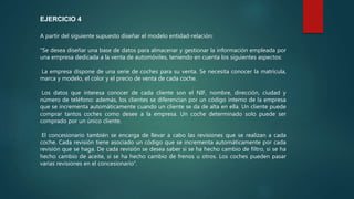 A partir del siguiente supuesto diseñar el modelo entidad-relación:
“Se desea diseñar una base de datos para almacenar y gestionar la información empleada por
una empresa dedicada a la venta de automóviles, teniendo en cuenta los siguientes aspectos:
La empresa dispone de una serie de coches para su venta. Se necesita conocer la matrícula,
marca y modelo, el color y el precio de venta de cada coche.
Los datos que interesa conocer de cada cliente son el NIF, nombre, dirección, ciudad y
número de teléfono: además, los clientes se diferencian por un código interno de la empresa
que se incrementa automáticamente cuando un cliente se da de alta en ella. Un cliente puede
comprar tantos coches como desee a la empresa. Un coche determinado solo puede ser
comprado por un único cliente.
El concesionario también se encarga de llevar a cabo las revisiones que se realizan a cada
coche. Cada revisión tiene asociado un código que se incrementa automáticamente por cada
revisión que se haga. De cada revisión se desea saber si se ha hecho cambio de filtro, si se ha
hecho cambio de aceite, si se ha hecho cambio de frenos u otros. Los coches pueden pasar
varias revisiones en el concesionario”.
EJERCICIO 4
 